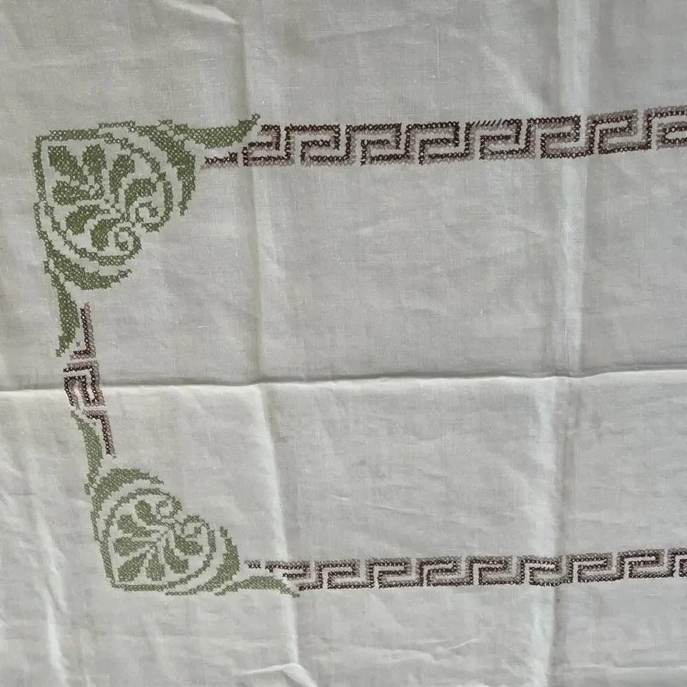 Vintage Beige Linen Tablecloth 73 x 56 Cross-stitch Embroidery Greek Key Border